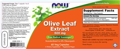 Photo of the NOW Olive Leaf Extract 500 mg label