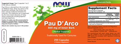 Photo of the NOW Pau D'Arco 500 mg Of Inner Bark label