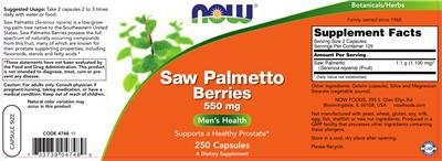 Photo of the NOW Saw Palmetto Berries 550 mg label