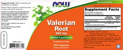 Photo of the NOW Valerian Root 500 mg label