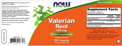 Photo of the NOW Valerian Root 500 mg label