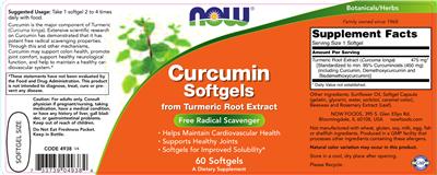 Photo of the NOW Curcumin Softgels From Turmeric Root Extract label