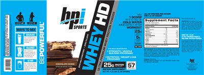 Photo of the BPI Sports Whey HD Chocolate Cookie label