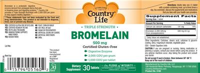 Photo of the Country Life Triple Strength Bromelain 500 mg label