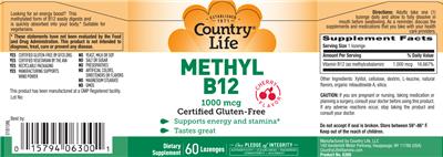 Photo of the Country Life Methyl B12 1000 mcg Cherry Flavor label