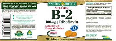 Photo of the Nature's Bounty Vitamin B-2 100 mg label