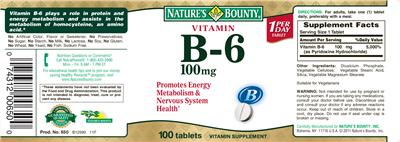 Photo of the Nature's Bounty Vitamin B-6 100 mg label
