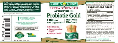 Photo of the Nature's Bounty Extra Strength Acidophilus Probiotic Gold label