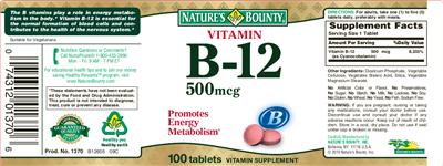 Photo of the Nature's Bounty Vitamin B-12 500 mcg label
