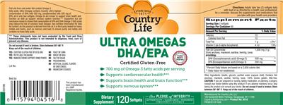Photo of the Country Life Ultra Omegas DHA/EPA label