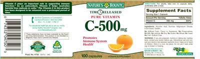 Photo of the Nature's Bounty Time Released C-500 mg label
