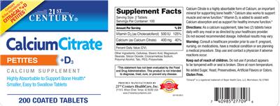Photo of the 21st Century Calcium Citrate Petites +D3 label