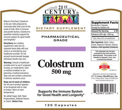 Photo of the 21st Century Colostrum 500 mg label