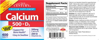 Photo of the 21st Century Calcium 500 + D3 label