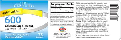 Photo of the 21st Century 600 Calcium Supplement label