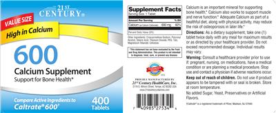 Photo of the 21st Century 600 Calcium Supplement label