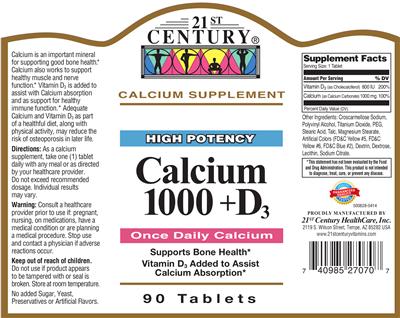 Photo of the 21st Century High Potency Calcium 1000 +D3 label