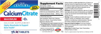 Photo of the 21st Century Calcium Citrate +D3 Maximum label