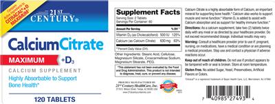 Photo of the 21st Century Calcium Citrate +D3 Maximum label
