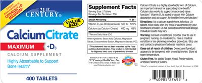 Photo of the 21st Century Calcium Citrate +D3 Maximum label