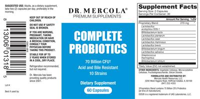 Photo of the Dr. Mercola Complete Probiotics 70 Billion CFU label