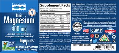Photo of the Trace Minerals Research Ionic Magnesium 400 mg label