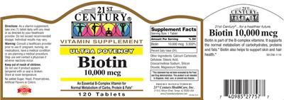 Photo of the 21st Century Ultra Potency Biotin 10,000 mcg label