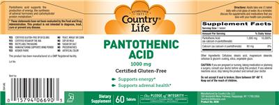 Photo of the Country Life Pantothenic Acid 1000 mg label