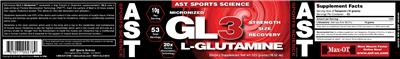 Photo of the AST Sports Science Micronized GL3 L-Glutamine label