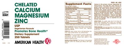 Photo of the American Health Chelated Calcium Magnesium Zinc label