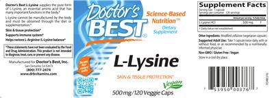 Photo of the Doctor's Best L-Lysine 500 mg label