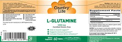 Photo of the Country Life L-Glutamine 1000 mg label