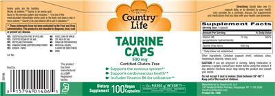 Photo of the Country Life Taurine Caps 500 mg label