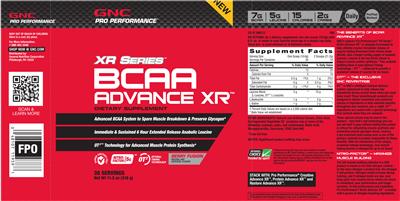 Photo of the GNC Pro Performance BCAA Advance XR Berry Fusion label