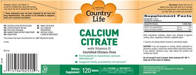 Photo of the Country Life Calcium Citrate With Vitamin D label