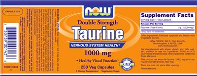 Photo of the NOW Double Strength Taurine 1000 mg label