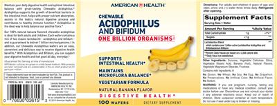Photo of the American Health Chewable Acidophilus And Bifidum Natural Banana Flavor label