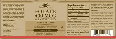 Photo of the Solgar Folate 400 mcg (As Metafolin) label