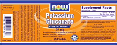 Photo of the NOW Potassium Gluconate 99 mg label