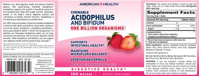 Photo of the American Health Chewable Acidophilus And Bifidum Natural Strawberry Flavor label