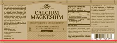 Photo of the Solgar Calcium Magnesium label