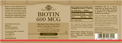 Photo of the Solgar Biotin 600 mcg label