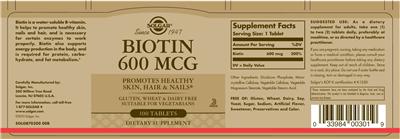 Photo of the Solgar Biotin 600 mcg label