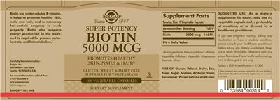 Photo of the Solgar Super Potency Biotin 5000 mcg label
