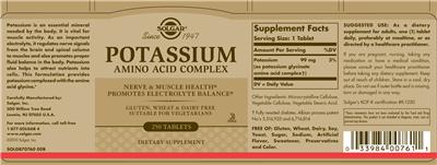 Photo of the Solgar Potassium Amino Acid Complex label