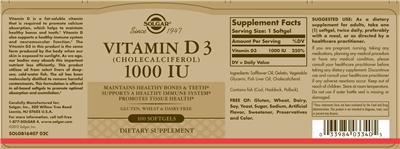 Photo of the Solgar Vitamin D3 1000 IU label
