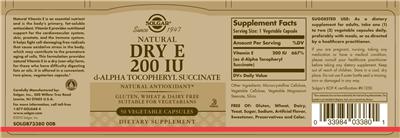Photo of the Solgar Natural Dry E 200 IU label