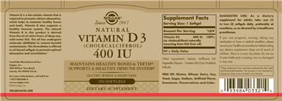 Photo of the Solgar Natural Vitamin D3 400 IU label