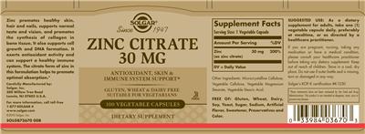 Photo of the Solgar Zinc Citrate 30 mg label