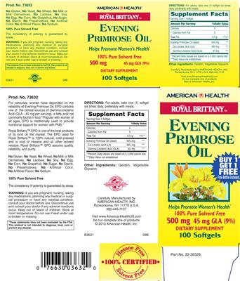 Photo of the American Health Royal Brittany Evening Primrose Oil 500 mg label
